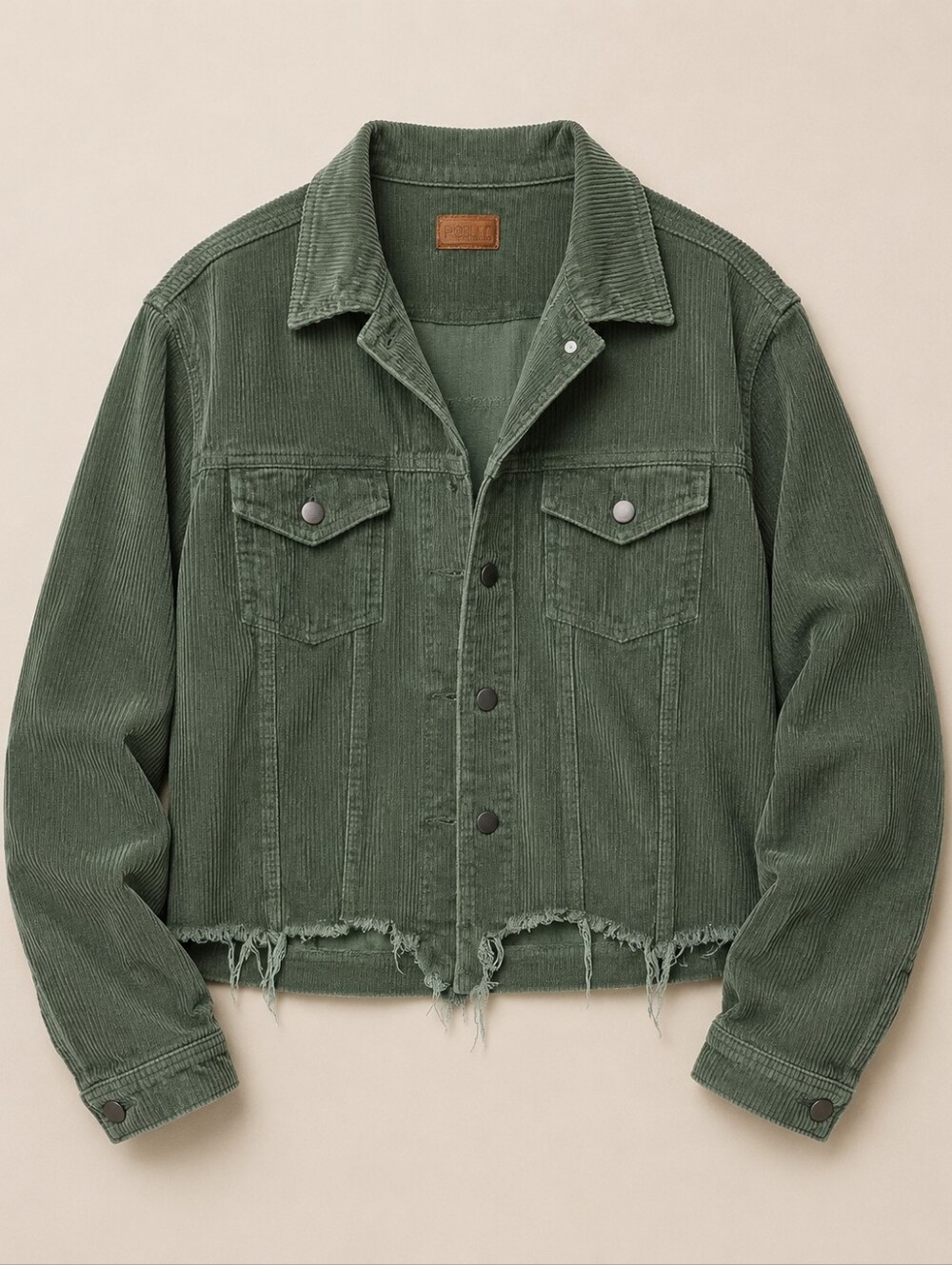 POL Green Corduroy Trucker Jacket Women Medium Cropped Distressed Boho Shacket - Picture 3 of 11